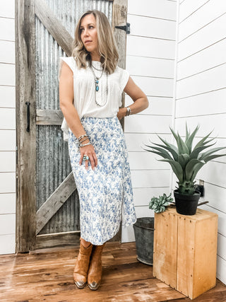 Blue Floral Woven Midi Skirt with Slit - Allure Boutique WY