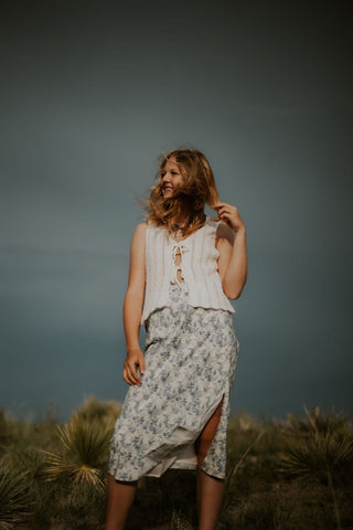 Blue Floral Woven Midi Skirt with Slit - Allure Boutique WY