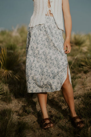 Blue Floral Woven Midi Skirt with Slit - Allure Boutique WY