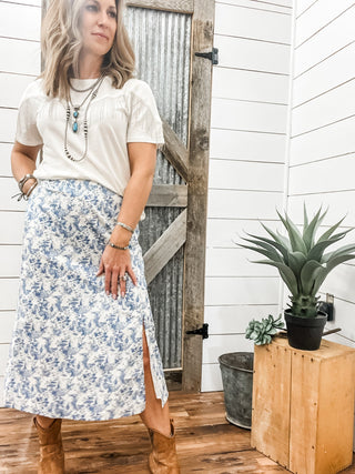 Blue Floral Woven Midi Skirt with Slit - Allure Boutique WY