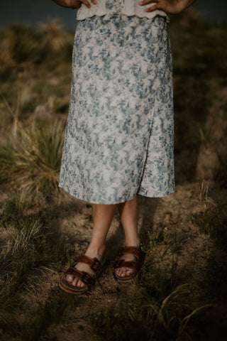 Blue Floral Woven Midi Skirt with Slit - Allure Boutique WY