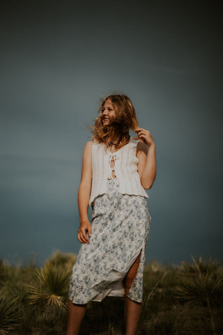 Blue Floral Woven Midi Skirt with Slit - Allure Boutique WY