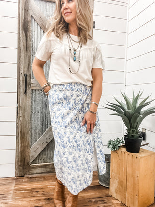 Blue Floral Woven Midi Skirt with Slit - Allure Boutique WY