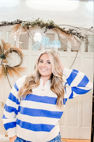 Blue Striped Varsity Sweater - Allure Boutique WY