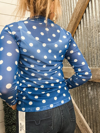 Blue & White Polka Dot Mesh Top - Allure Boutique WY