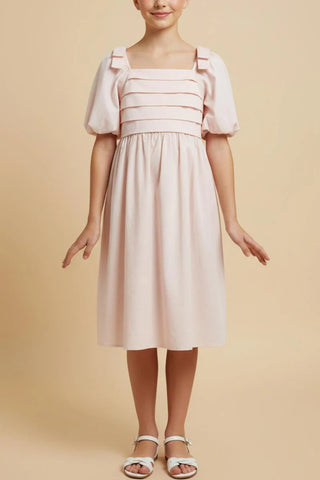 Girls Raised Pleat Detail Puff Sleeve Dress