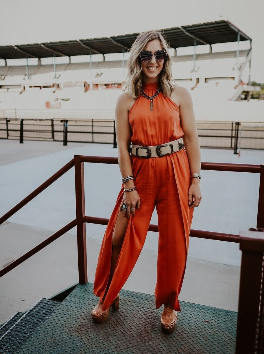 Red halter neck jumpsuit on sale