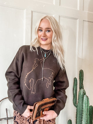 Brown Bucking Bronco Sweater - Allure Boutique WY