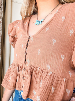 Brown Flutter Sleeve Blouse - Allure Boutique WY