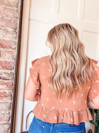 Brown Flutter Sleeve Blouse - Allure Boutique WY