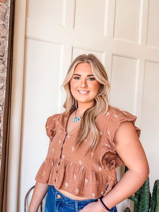 Brown Flutter Sleeve Blouse - Allure Boutique WY