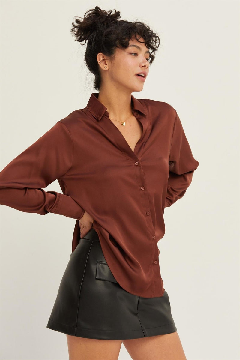 Button Down Satin Blouse - Allure Boutique WY