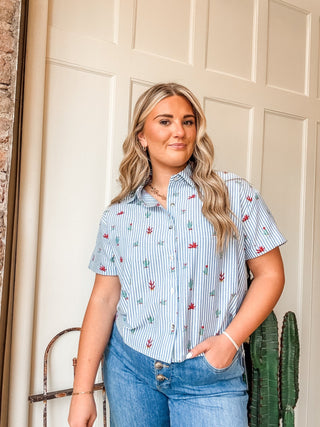 Cactus Print Button Front Blouse - Allure Boutique WY