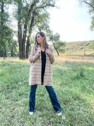 Camel Cream Plaid Long Sleeve Sweater Coat - Allure Boutique WY