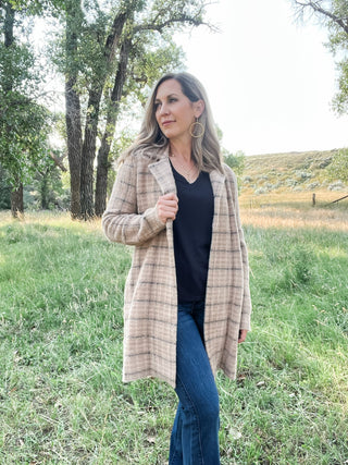 Camel Cream Plaid Long Sleeve Sweater Coat - Allure Boutique WY