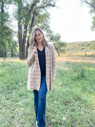 Camel Cream Plaid Long Sleeve Sweater Coat - Allure Boutique WY