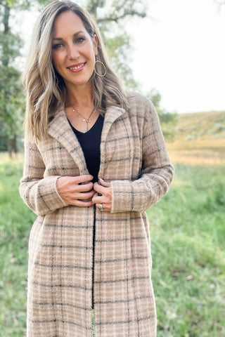 Camel Cream Plaid Long Sleeve Sweater Coat - Allure Boutique WY