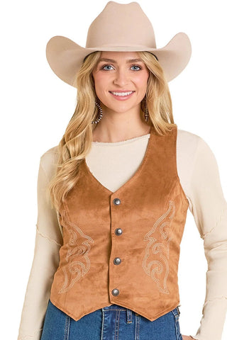 Camel Embroidered Microsuede Vest - Allure Boutique WY