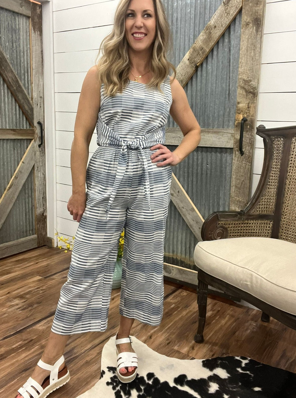Chambray Jumpsuit with Front Tie & Pockets