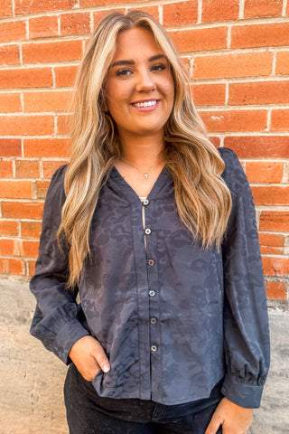 Charcoal Floral Print Button Down Blouse - Allure Boutique WY