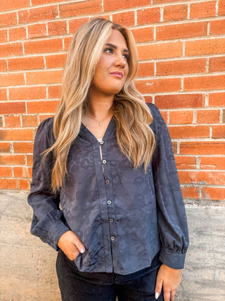 Charcoal Floral Print Button Down Blouse - Allure Boutique WY