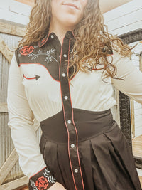 Collared Retro Western Dress with Chainstitch Embroidery - Allure Boutique WY