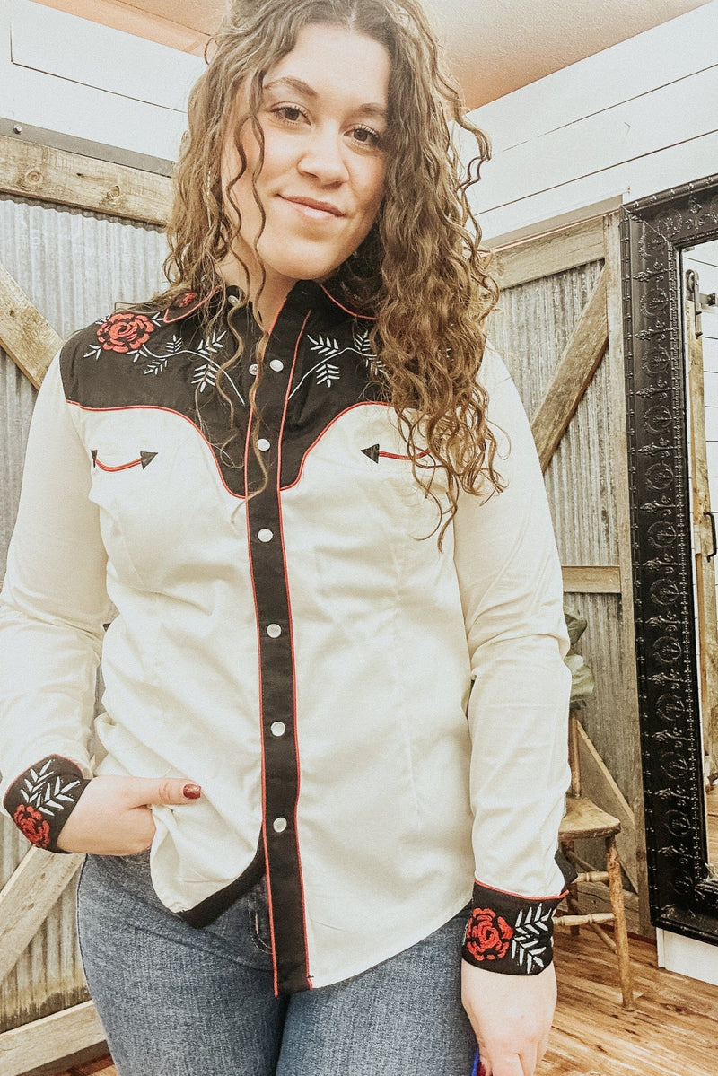 Collared Retro Western Shirt with Chainstitch Embroidery - Allure Boutique WY