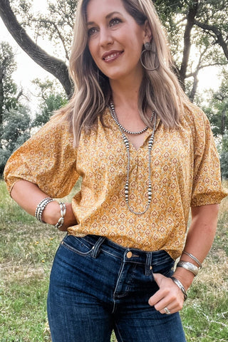 Costa 1/2 Sleeve Blouse Marigold Calico - Allure Boutique WY