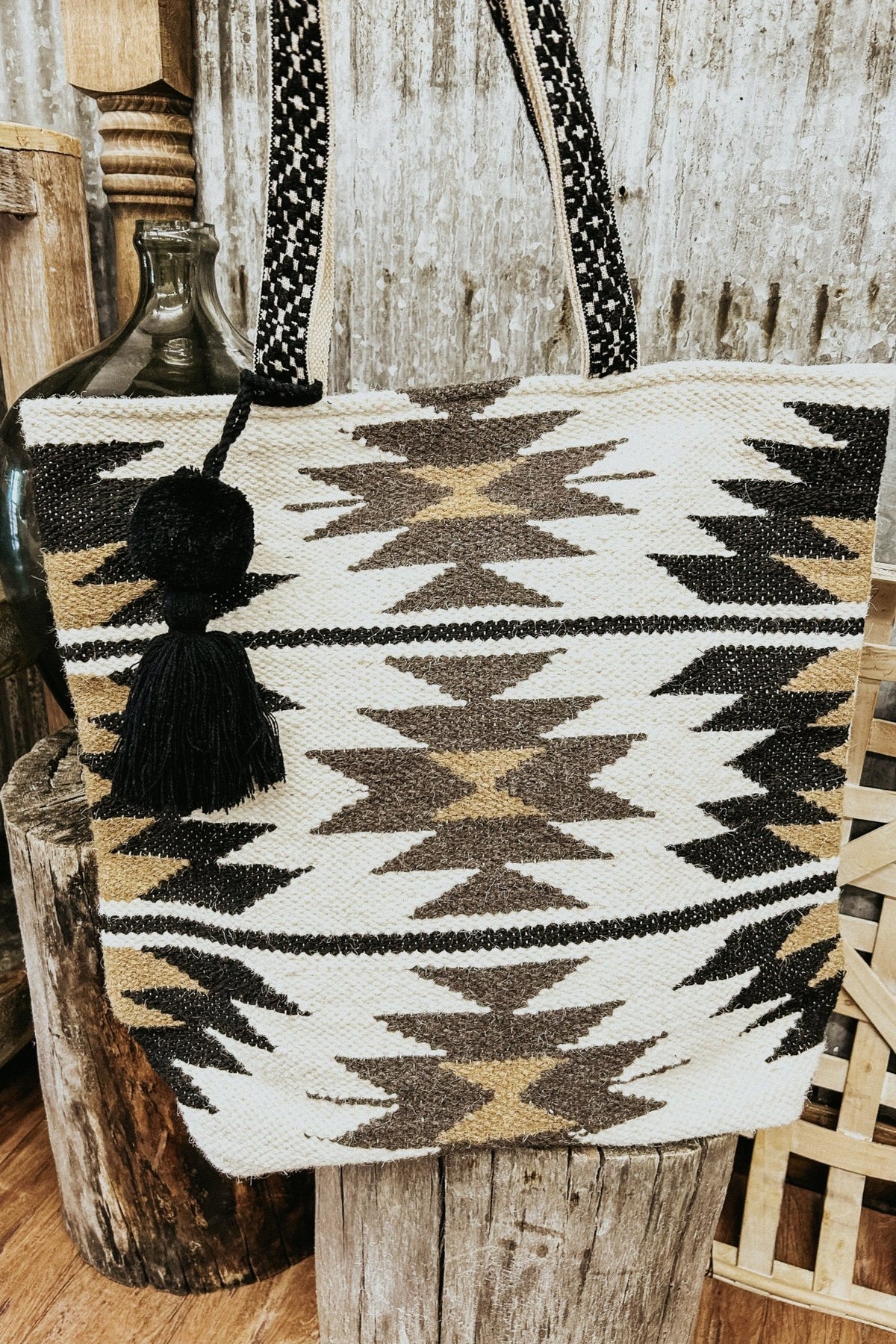 Cream, Black, Brown & Gray Aztec Tote - Allure Boutique WY