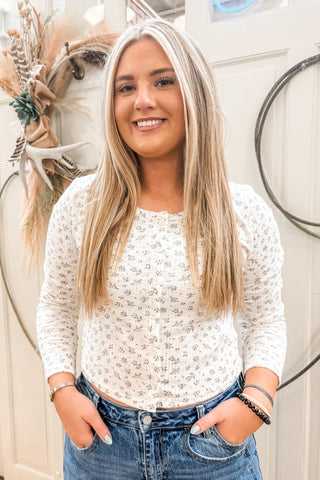 Cream Floral Crew Neck Ribbed Henley - Allure Boutique WY