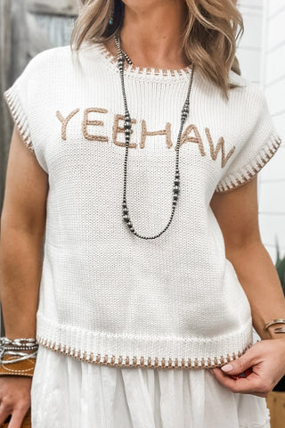 Cream & Mocha Trim Yeehaw Stitched Sweater - Allure Boutique WY