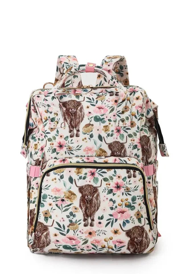 Cream & Pink Highland Cow + Flowers Diaper Bag - Allure Boutique WY