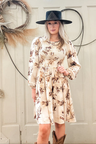 Cream Smocked Dress with Western Scene - Allure Boutique WY