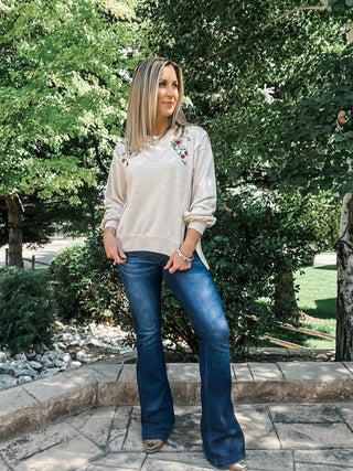 Crew Neck Front Slit Top with Embroidery - Allure Boutique WY