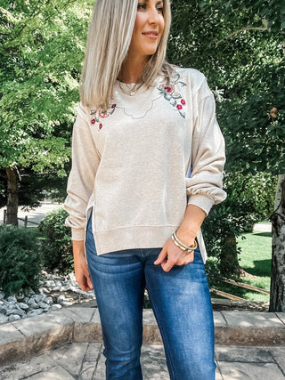 Crew Neck Front Slit Top with Embroidery - Allure Boutique WY