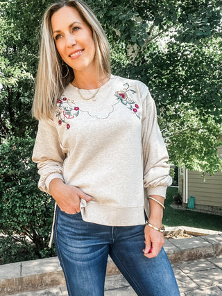 Crew Neck Front Slit Top with Embroidery - Allure Boutique WY