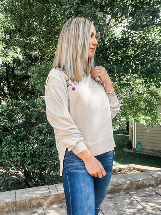 Crew Neck Front Slit Top with Embroidery - Allure Boutique WY