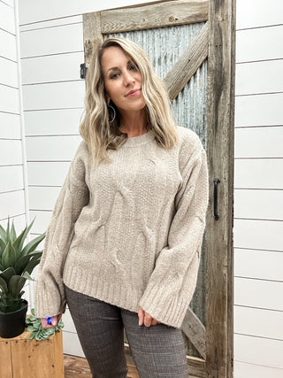 Crew Neck Loose Fit Cable Sweater - Allure Boutique WY
