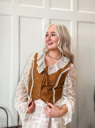 Crochet Collar Tie-Front Velvet Vest - Allure Boutique WY