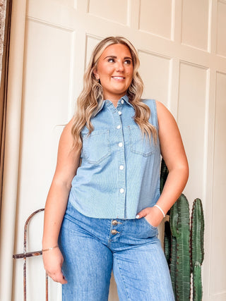 Crop Sleeveless Denim Button Down Shirt - Allure Boutique WY
