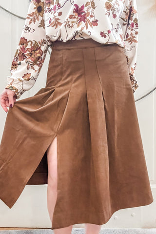 Dark Chestnut Suede Pleated Midi Skirt - Allure Boutique WY