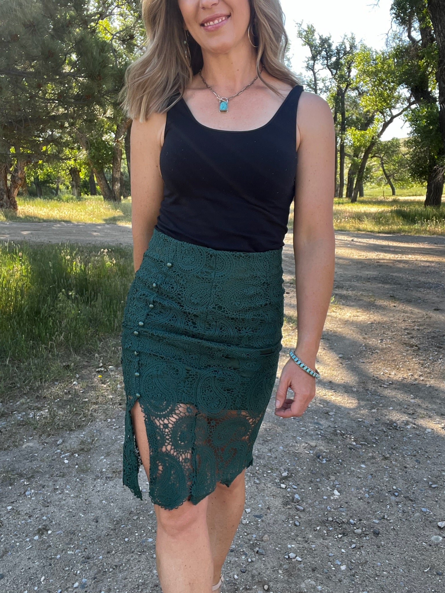 Dark Green Lace Midi Skirt Allure Boutique WY