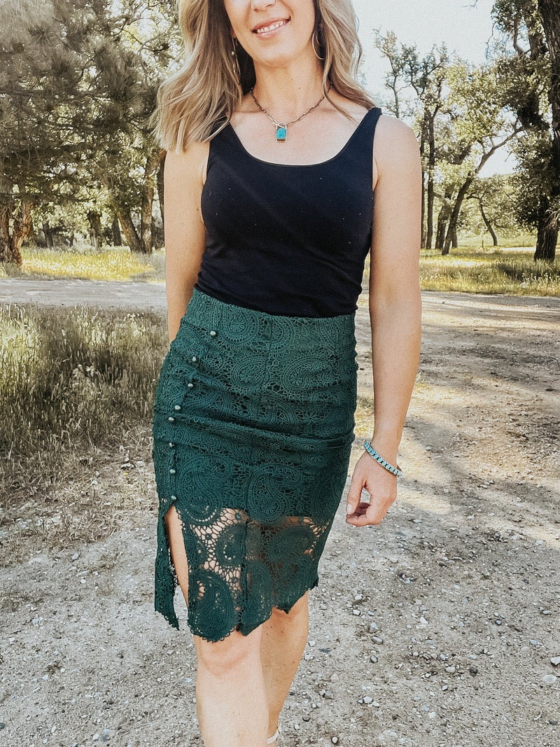 Dark Green Lace Midi Skirt - Allure Boutique WY