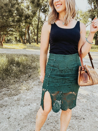 Dark Green Lace Midi Skirt - Allure Boutique WY