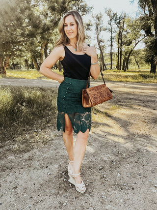 Dark Green Lace Midi Skirt - Allure Boutique WY