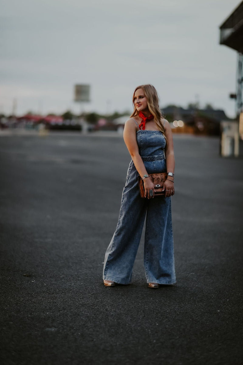 Denim Jumpsuit with Braided Waist - Allure Boutique WY