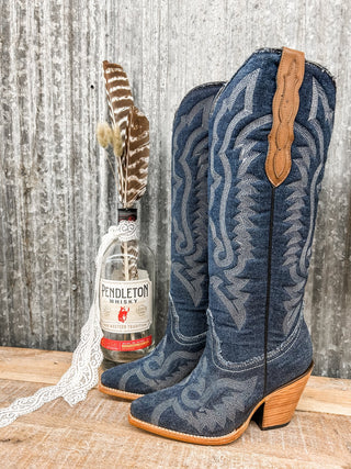 Denim + White Embroidered Tall Boot - Allure Boutique WY