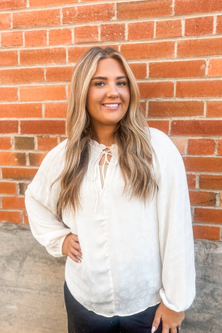 Ecru Tie Neck Detail Satin Blouse - Allure Boutique WY