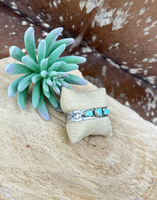 Turquoise 3 Stone Thick Etched Cuff