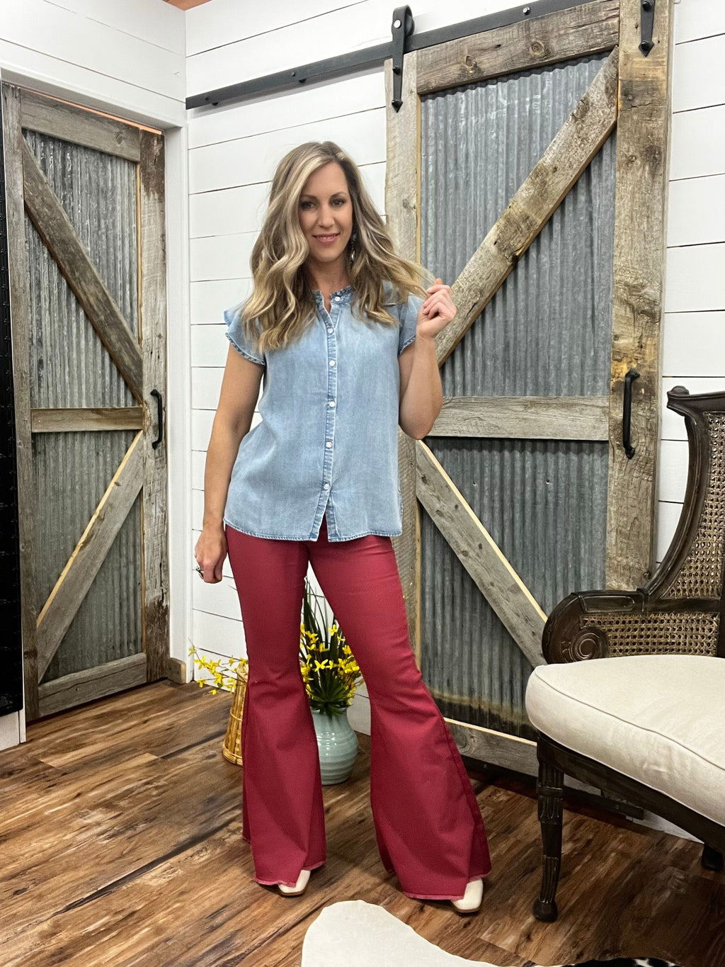 Fadeblue Button Front Blouse with Frill Sleeve